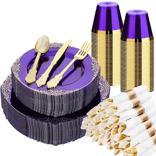 Bestluck 350 PCS Purple and Gold Plastic Plates, Disposable Dinnerware Set for 50 Guests, 100 Disposable Plates, 150 Silverwares, 50 Cups, 50 Napkins for Party, Wedding, Graduation - Image 1