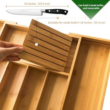 VaeFae Bamboo Silverware Drawer Organizer Kitchen, Expandable Utensil Organizer with Knife Block, Cutlery Tray with Divider, Multifunctional Wooden Drawer Organizer - Image 3