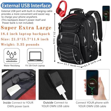 VECKUSON 18.4 Laptop Backpack for unisex, 60L Extra Large Gaming Laptops Back Bag with USB Charger Port,TSA Friendly Flight Approved and RFID Anti-Theft Pocket Heavy-duty Pack,21.3*15.7*11.8inch Grey - Image 3