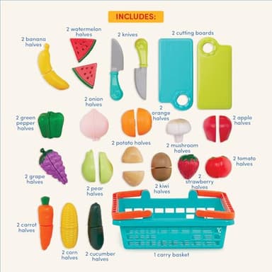 Battat – Play Food for Toddlers with Farmers Market Basket and Chopping Board, Toy Food for Kids Kitchen and Pretend Play for 3+ Years (37 Pieces) - Image 5