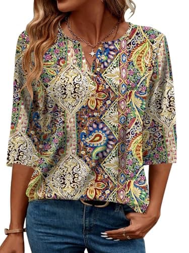 AKEWEI Womens Boho Tops Dressy Casual 3/4 Sleeve Shirts V Neck Tees Pretty Summer Blouses 2025 Fashion Multicolor Floral XL - Image 1