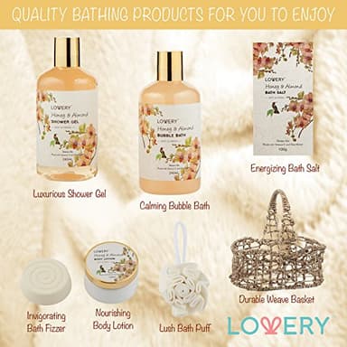 Womens Gifts, Gift Baskets for Women Who Have Everything, Home Spa Honey & Almond Scent, Luxury Bath & Body Set - Shower Gel, Bubble Bath, Body Lotion, Salts, Bath Bomb, Bath Puff & Handmade Basket - Image 4
