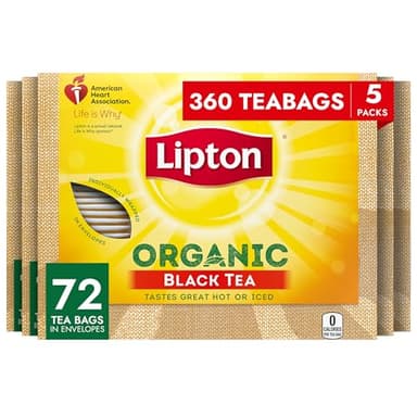 Lipton Organic Tea Bags Tastes Great Hot or Iced Organic Black Tea Can Help Support a Healthy Heart 5.74 oz 72 Count, Pack of 5 - Image 1