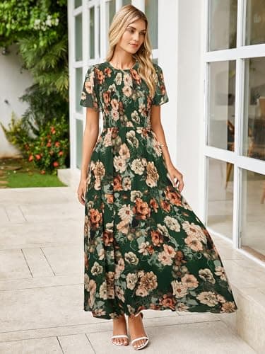 Simplee Womens Spring Floral Maxi Wedding Guest Dress Bohemian Short Sleeve Loose Sundress Lightweight Flowy Prom Vacation Dress(Green XL) - Image 5