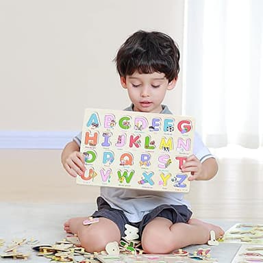 GRINNNIE Wooden Montessori Toddler Puzzles for 1 2 3 4 Years Old, 3 Pcs (Number, Letter, Shape) Kids Preschool Educational Peg Puzzle Set - Image 2