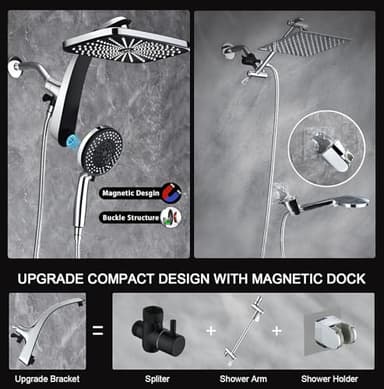 High Pressure Rain Shower Head: Upgrade Shower Heads with Handheld Spray Combo with Fixed Showerhead and 10 Sprays Handheld Shower Head, Detachable Shower head Built-in Magnetic Docking and Power Jets - Image 5