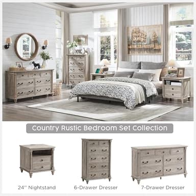T4TREAM 24'' Farmhouse End Table w/4 Solid Wood Feet, Large 2 Drawers Wide Sofa Side Table with Charging Station, Tall Rustic Wood Square Nightstand for Living Room, Bedroom, Office, Light Rustic Oak - Image 6