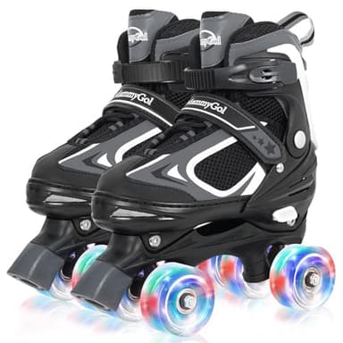 MammyGol Roller Skates for Boys Girls, 4 Sizes Adjustable Quad Skates for Kids with All Light up Wheels, Full Protection for Toddler's Indoor and Outdoor Play Black Size 1 2 3 - Image 1