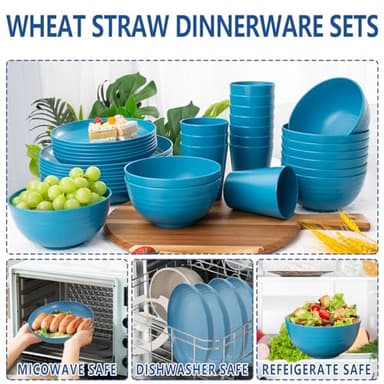 LIYH 48 Pcs Blue Wheat Straw Dinnerware, Plates and Bowls Set, Camping Dish Set for 12, Plastic Dinnerware Set, Dishwasher Safe Dinnerware Set, Unbreakable Plastic, Camper Dish Sets - Image 4