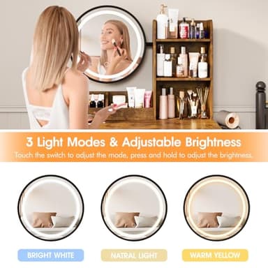Makeup Vanity Desk with Round Mirror and Lights, White Vanity Makeup Table with 2 Drawers, Small Vanity Table for Bedroom with Lots Storage (Brown and Black, 15.75 * 31.5 * 53.6in) - Image 5