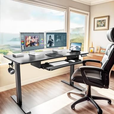 HUANUO Electric Standing Desk with Large Keyboard Tray(26.7"), Adjustable Height Stand Up Desk for Home Office, 4 Memory Height Settings, 2 Headphone Hooks, Computer Workstation 48" x 24", Black - Image 2
