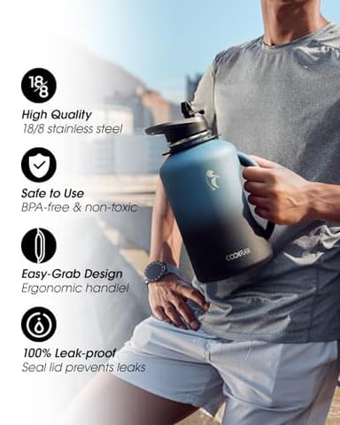 64 oz Water Bottle Insulated with Handle, Coolflask Half Gallon Water Jug With Strap Straw Stainless Steel Double-Walled Vacuum Metal Large Flask Leakproof, Keep Cold 48 Hrs Hot 24hrs, Prussian Blue - Image 5