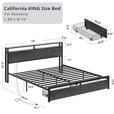 LIKIMIO California King Bed Frame with Storage Headboard, Platform Bed with Drawers and Charging Station, No Box Spring Needed, Easy Assembly, Charcoal Grey - Image 2