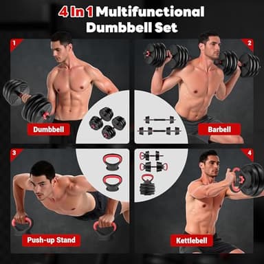 GOIMU Adjustable Dumbbells, 55/77LBS Free Weight Set, 4 in 1 Dumbbell Set Used as Barbell, Kettlebell, Push Up Stand, Fitness Exercise for Home Gym Suitable Men/Women(76LB) - Image 2