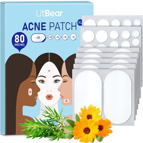 LitBear Large Acne Pimple Patches, 5 Sizes 80 Patches for Large Breakouts, Acne Patches for Face, Chin or Body, Acne Spot Patch with Tea Tree & Calendula Oil, Hydrocolloid Bandages for Acne Skin - Image 1