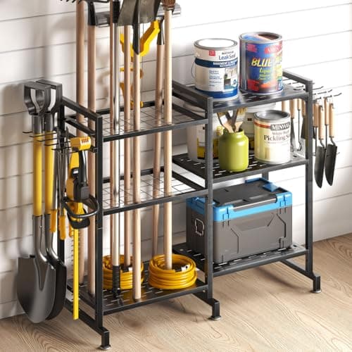SOYEEZE Garden Tool Organizer, Yard Tool Rack for Garage Organization and Storage, Garden Tool Holder, Up to 35 Tools/Rakes/Brooms/shovel for Shed, Workshop, Outdoor, Black - Image 1