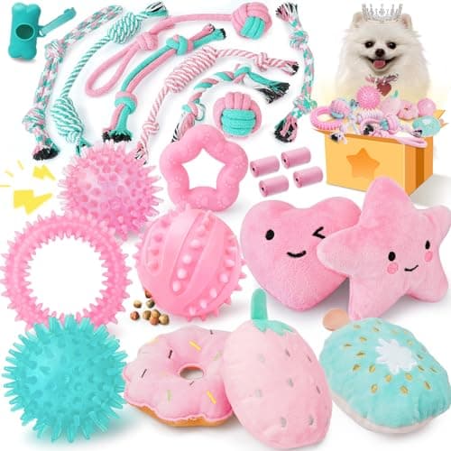 XIUGOAL Pink Puppy Toys for Boredom - 23 Pack Puppy Chew Toys for Teething, Interactive Dog Toys for Puppies, Cute Small Dog Toys with Treat Ball, Squeaky Dog Chew Toys and Ropes - Image 1