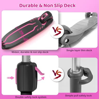 TONBUX Kids Scooter, Light Up 3 Wheel Kick Scooters for Kids 3-12, Folding Scooters with Adjustable Height - Toddler Scooter Lean-to-Steer & Widen Anti-Slip Deck - Rose Purple - Image 4