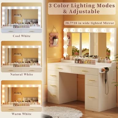 ALEXNUTRE Vanity Desk with Mirror and Lights, Makeup Vanity with Outlets & Large Mirror & 6 Drawers,White Vanity with 3-Color Adjustable Lighting, Makeup Vanity for Bedroom - Image 4
