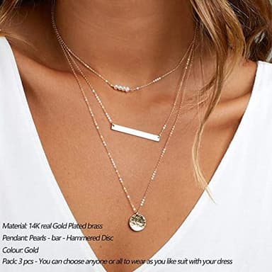 Dainty Layering Simulated Pearls Bar Necklace Hammered Disc Pendant Necklaces Simple Layering Necklace Choker for Women - Image 2