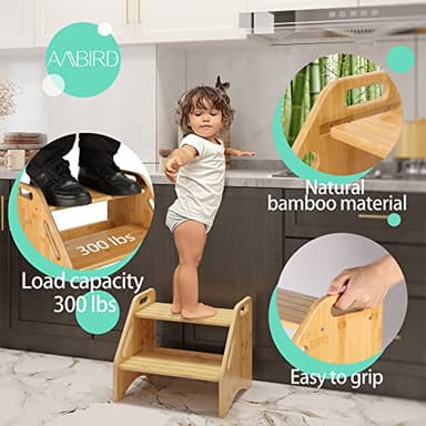 AMBIRD Wooden Step Stool, Two Step Stools Toddler 300 lbs Capacity with Safety Non-Slip Pads and Handles, Bamboo Step Stool for Bathroom, Kitchen Dual Height Step Stools for Kids (Natural) - Image 2