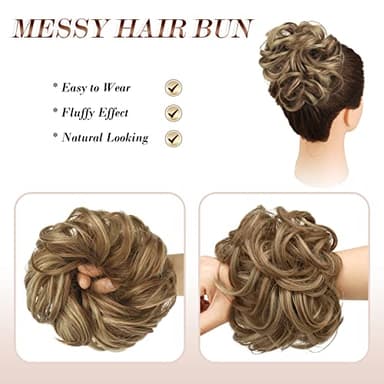 FESHFEN Messy Bun Hair Pieces - Large Wavy Curly Elastic Hair Bun Scrunchies Ponytail Extensions Synthetic Chignon Hairpieces for Women, Brown & Blonde 1.94oz - Image 3