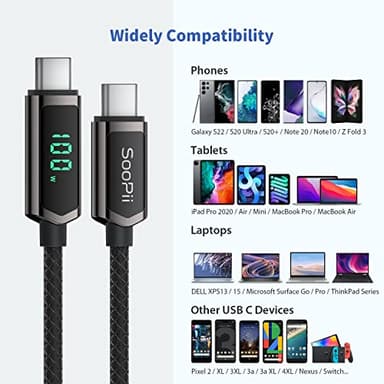 SOOPII 100W USB C to USB C Cable, 4FT Nylon Braided Type-C Cable, PD Fast Charging Cable with LED Display for lPhone 15/15 Pro/15 Plus/15 Pro Max, MacBook Pro, Samsung Galaxy S22/S10, Pixel, LG - Image 8