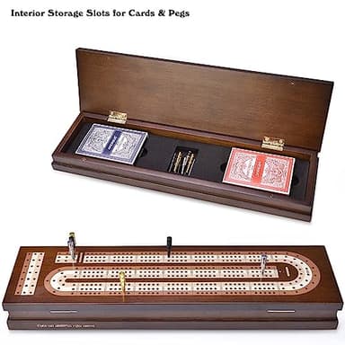 AMEROUS Wooden Cribbage Board Game Set with Magnetic Lock - Metal Pegs - 2 Playing Cards - Continuous 3 Track Board - Larger Storage Area, Travel Portable Cribbage Game Sets for Family - Image 3