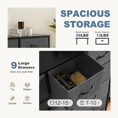 DUMOS Dresser for Bedroom, Dressers & Chests of Drawers Dresser Organizer, Wood Top Table Furniture with 9 Fabric Storage Tower Unit, Chest of Drawers for Closet, Living Room, Hallway, Porch - Image 4