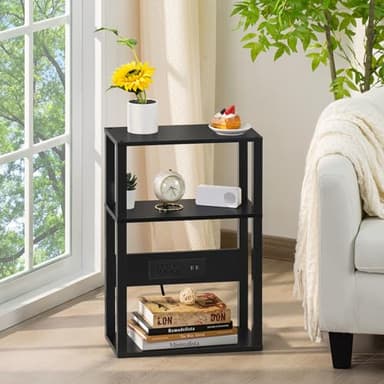 YUFAM 3-Tier Small Narrow Wood Side Table with Charging Station, Skinny Nightstand for Small Space, Slim Bedside Table with Storage for Couch, Thin End Table with USB Ports and Outlets, Black - Image 7