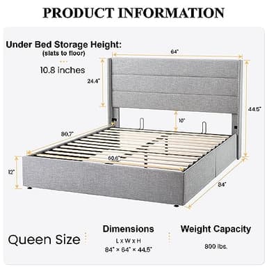 SHA CERLIN Queen Size Lift Up Storage Bed/Modern Wingback Headboard/Upholstered Platform Bed Frame/Hydraulic Storage/No Box Spring Needed/Wood Slats Support/Light Grey - Image 2