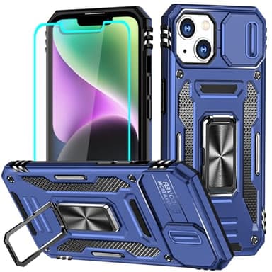 Aozuoton for iPhone 14 Plus Case with Screen Protector and with Camera Cover, 360°Military Grade Rotatable Kickstand (Heavy Duty) Shockproof Protective, Case for iPhone 14 Plus Navy Blue - Image 1