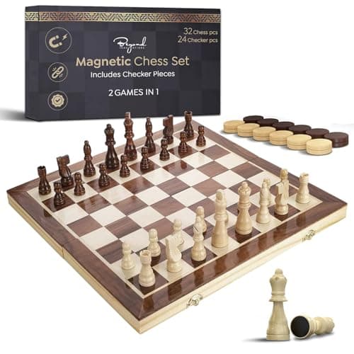 Wooden Magnetic Chess Set | 15 Inch Foldable Chess Board - 2 Extra Queens - Magnetic Chess Game with Storage | Chess Sets for Adults | Handmade Portable Travel Chess Set for Kids & Beginners - Image 1