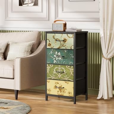 Furnulem 4 Drawer Dresser, Vertical Nightstand for Kids, Adult, Fabric Chest of Drawers for Bedroom, Living Room, Closet, Nusery, Storage Tower Unit Retro Style Furniture, Wood Desk Top - Image 5