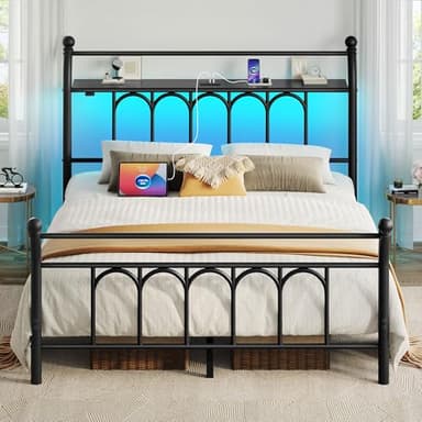 Rolanstar Full Bed Frame with USB Charging Station, LED Bed Frame with Storage Headboard, Black Metal Platform Bed with Sleigh Headboard and Footboard, No Box Spring Needed, Noise Free - Image 8