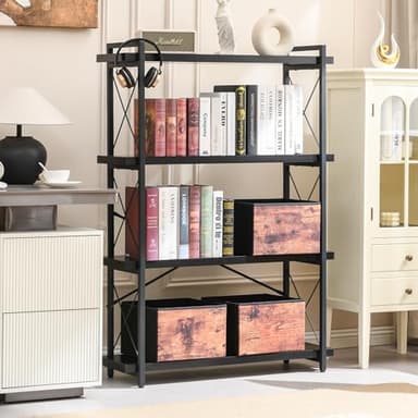 HCHQHS Bookshelf, 4-Tier Industrial Bookcase, Black Open Book Shelf, Freestanding Tall Bookshelves with Metal Frame - Image 2