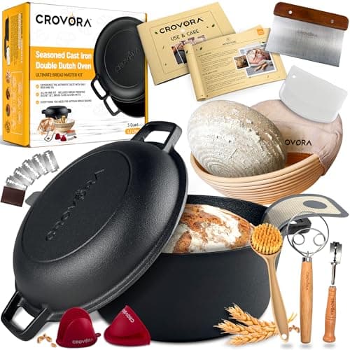Crovora Pre-Seasoned Cast Iron Dutch Oven for Bread Baking with Skillet Lid - Incl. Sourdough Bread Baking Supplies like Banneton Bread Proofing Basket, 5QT Cast Iron Bread Pan, Bread Oven - Image 1