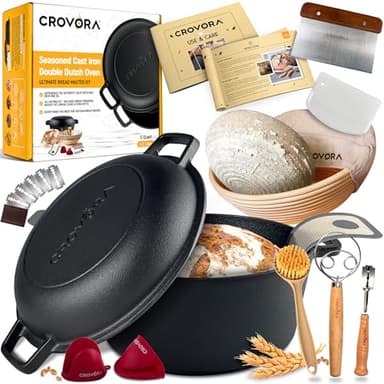 Crovora Pre-Seasoned Cast Iron Dutch Oven for Bread Baking with Skillet Lid - Incl. Sourdough Bread Baking Supplies like Banneton Bread Proofing Basket, 5QT Cast Iron Bread Pan, Bread Oven - Image 1