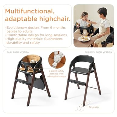 KUB High Chair for Babies and Toddlers Adjustable Foldable Convertible 5 Point Harness Easy Clean Wood-Printed Metal with Removable Tray Baby Highchair for Family (Black&Walnut Wood-Printed Metal) - Image 2