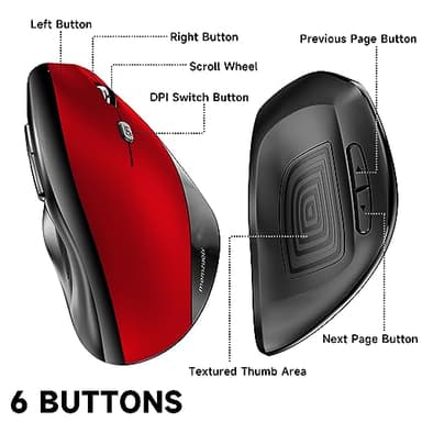memzuoix Ergonomic Wireless Mouse, 2.4G Optical Cordless, 800/1200/1600 DPI, Vertical Computer Mouse for Laptop, Mac, PC, Desktop (Right Hand, Large) - Red - Image 6