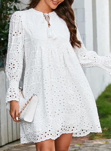 Dokotoo Eyelet Dresses for Women 2025 Tassel V Neck Cotton Midi Dress Long Sleeve A Line Hollow Out White Lace Dress Fashion Elegant White Sun Dress XX-Large - Image 3