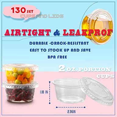 VITEVER 130 sets - 2 oz Jello Shot Cups, Small Plastic Containers with Lids, Airtight and Stackable Portion Cups, Salad Dressing Container, Dipping Sauce Cups, Condiment Cups - Image 2