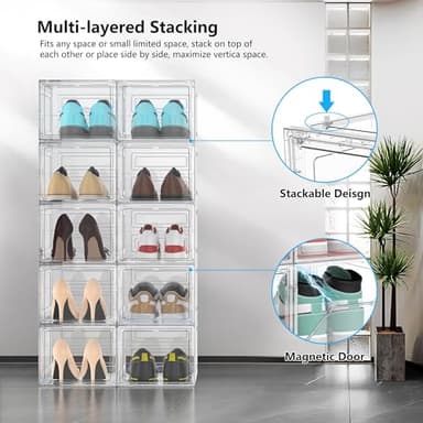 Kjfeoiye 12 Pack Hard Sturdy Thickened Rigid XX Large Shoe Storage Organizer for Closet, Clear Stackable Sneaker Shoe Boxes Rack Containers Display Case Bins with Lids, White - Image 3