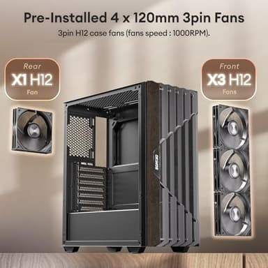 Okinos Oak Wood ATX PC Case, 4 x 120mm 3 Pin Non-PWM Case Fans Pre-Installed, Type-C Port, Tempered Glass Side Panel, Black Mid-Tower Computer Case, Cypress 5 AIR - Image 3