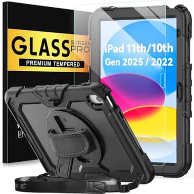 BLOSOMEET Case for iPad A16 11th/10th Generation 11''/10.9'' 2025/2022 with Tempered Glass Screen Protector & Pencil Holder, Rugged Military Grade Cover w/Stand Hand Shoulder Strap, Black - Image 1