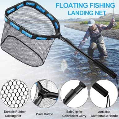 PLUSINNO Floating Fishing Net for Steelhead, Salmon, Fly, Kayak, Catfish, Bass, Trout Fishing, Rubber Coated Landing Net for Easy Catch & Release, Compact & Foldable for Easy Transportation & Storage - Image 2