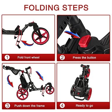 KVV 3 Wheel 360 Rotating Front Wheel Foldable/Collapsible Golf Push Cart with Foot Brake Open and Close in ONE Second-Free Umbrella Holder Included(Black/Red) - Image 6