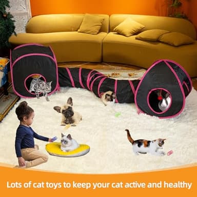 Cat Tunnels for Indoor Cats with Cube Tent Toys Combo, Pop Up Collapsible Crinkle Interactive Peek Hole, Cat Tube with Play Ball,Bell and Cat Spring Toys for Kitten, Puppy, Kitty, Rabbit - Set of 3 - Image 2