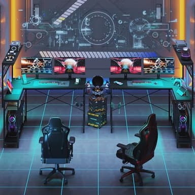 Bestier Gaming Desk 51" L-Shaped, with Power Outlets & LED Lights- 4 Tier Shelves, Reversible Gamer Table with Hooks & Cup Holder for Home Office Carbon Fiber Black - Image 4