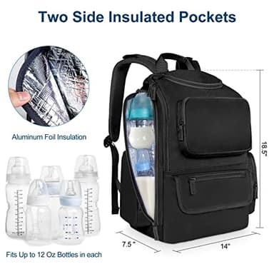 Mancro Diaper Bag Backpack, Multifunctional Dad Diaper Bag with 2 Side Insulated Pockets, Travel Water Resistant Baby Diaper Backpack for Men Women with Stroller Straps, Black - Image 3